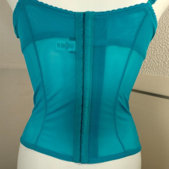 Vintage Bustier Corset Lingerie L Teal Blue Silver Sequin Underwired Pink Ribbon - Picture 6 of 8